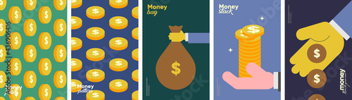 Money. Vector flat illustration. Simple background illustration about money, finance and business. Funny cartoon style. Perfect for social banner, cover, poster or flyer.