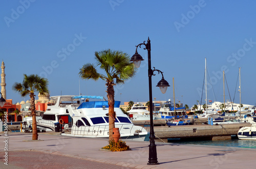 Egypt, Sinai, Hurghada, Red Sea, September 29, 2014: a pleasure boat in the Red Sea at the pier of Sharm el-Sheikh, Egypt. The boat is anchored. Copy space