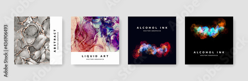 Social media layouts with abstract alcohol ink background texture,  modern instagram and facebook post templates for business, trendy 2021 graphic for social media websites