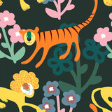 Seamless Pattern With Cute Hand Drawn Elements: Leopards, Exotic Plants And Graphics Objects. Colorful Repeat Print. Wild Nature Concept Image. Vector Illustration.