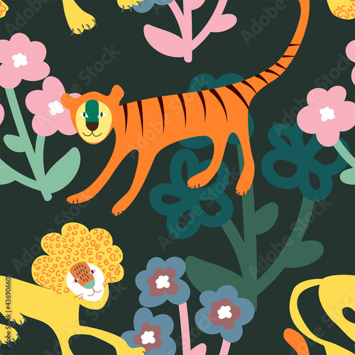Seamless Pattern With Cute Hand Drawn Elements  Leopards  Exotic Plants And Graphics Objects. Colorful Repeat Print. Wild Nature Concept Image. Vector Illustration.