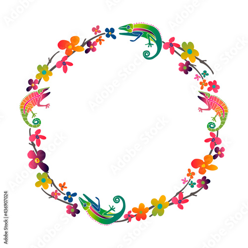 Decorative round frame with exotic animals and flowers. Chameleons and flowers. Tropical colors. Hand drawn vector illustration. © NNENASTUDIO