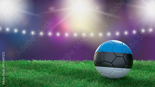 Soccer ball in flag colors on a bright blurred stadium background. Estonia. 3D image