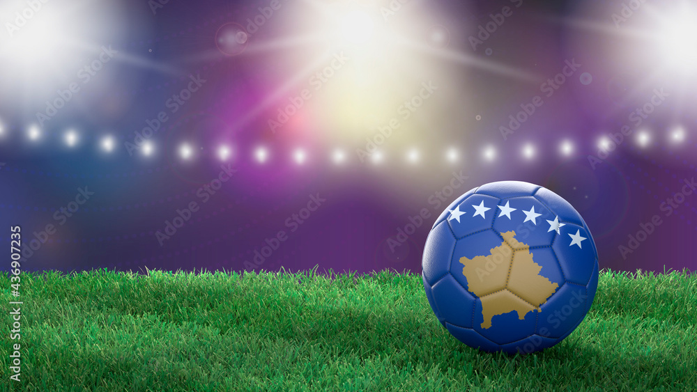 Naklejka premium Soccer ball in flag colors on a bright blurred stadium background. Kosovo. 3D image