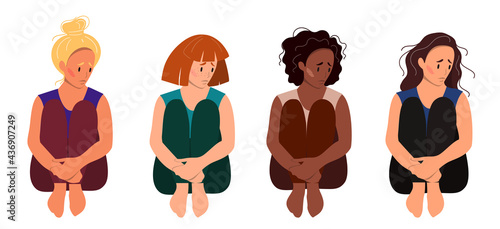 Sad woman sitting on the floor. Concept of mental disorder. Colorful vector illustration in flat cartoon style.