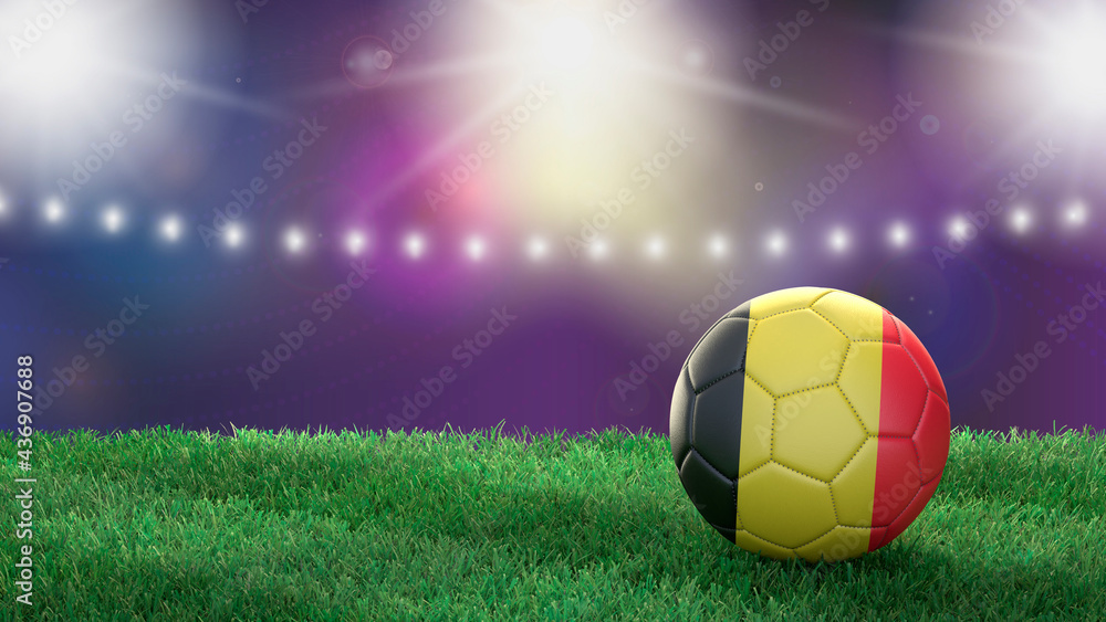Fototapeta premium Soccer ball in flag colors on a bright blurred stadium background. Belgium. 3D image