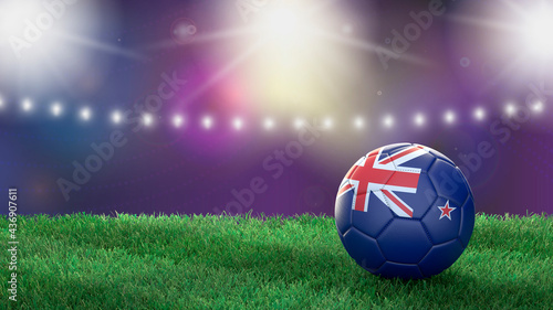 Soccer ball in flag colors on a bright blurred stadium background. New Zealand. 3D image