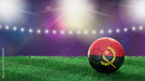 Soccer ball in flag colors on a bright blurred stadium background. Angola. 3D image