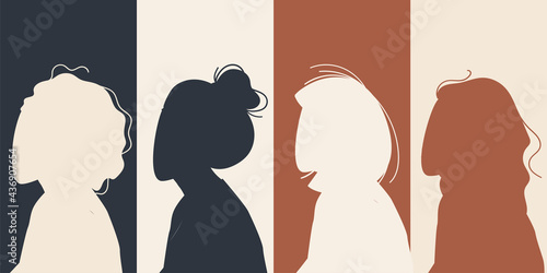 Women Silhouette of different cultures and nationalities standing together. The concept of the female empowerment movement and gender equality.