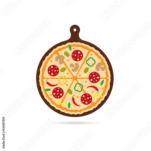 Pizza on a round board, ingredients for a pizzeria on a board, slices of food. Eat delicious Italian pizza. Vector, illustration