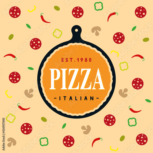 Pizza with ingredients on a round board, food slices. Backdrop with ingredients for tasty food and pizza. Vector, illustration