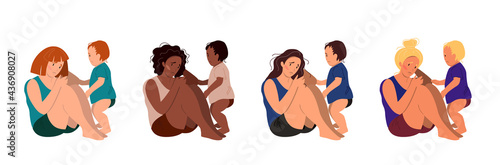Sad mothers of different ethnicity sitting on the floor with her crying child. Postpartum depression concept. Colorful vector illustration in flat cartoon style.