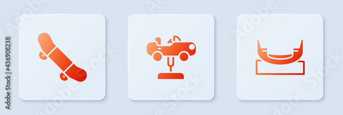 Set Swing car, Skateboard trick and Boat swing. White square button. Vector