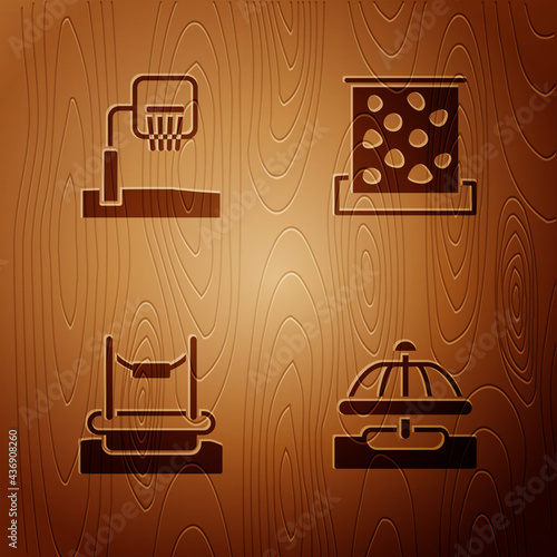 Set Attraction carousel, Basketball backboard, Bungee and Climbing wall on wooden background. Vector
