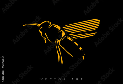 Vector illustration of a flying bee on a black background. Modern wall art or poster.