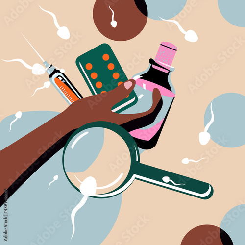 Birth control pill concept.World contraception day. Prevention HIV and AIDS.Spermatozoa swim around.Human hand holding medicine jars, tablets in Blister Packs.  Trendy style vector