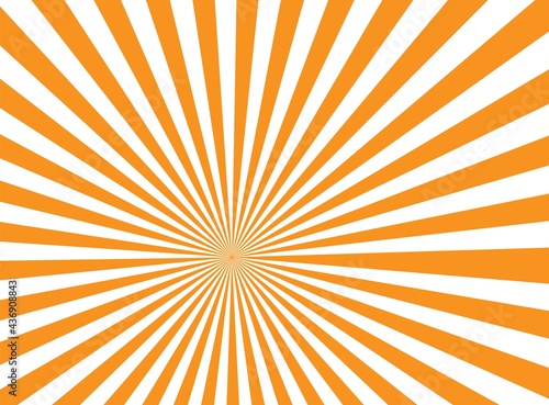 Orange rays of starburst on white background for wallpaper. Orange burst. Abstract white shine with sunburst lights. Sun design and explosion beams illustration. Summer bright sunshine backdrop.