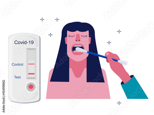 Coronavirus rapid antigen or PCR test.Cotton swab with saliva sample.Woman opens her mouth for research.Self-diagnosis and positive result for covid infection.Medical banner,requirements for travelers