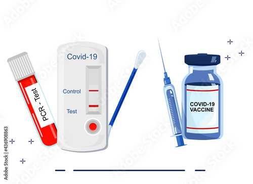 Choice between vaccination and examination.Coronavirus rapid antigen and PCR tests.Tube with blood sample and cotton swab with saliva.Prevent covid infection.Medical requirements. Global immunization