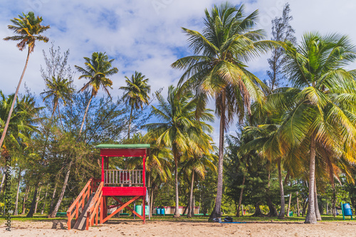 Red Life guard hut and palm trees on tropical beach. Luquillo Beach, Puerto Rico © RandomHartz