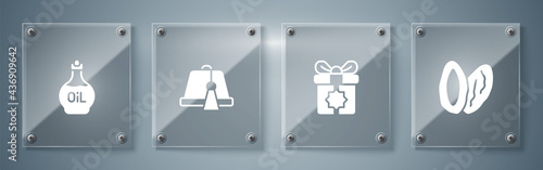 Set Date fruit, Gift box, Turkish hat and Essential oil bottle. Square glass panels. Vector
