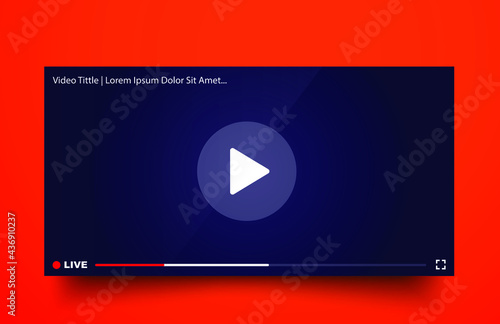 Template colourful multimedia frame. Mockup live stream window, player on red background. Online broadcasting. Social media concept. Vector illustration. EPS 10. 