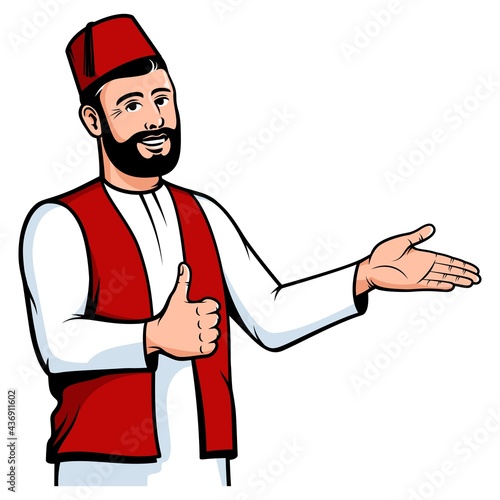Positive Turkish man in fez welcome gesture. Turk smiling with thumb up. Vector isolated illustration.