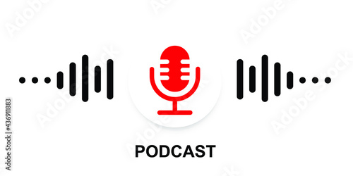 The microphone icon in a fashionable flat style is isolated against the background. Logo, application, user interface. Podcast radio icon. Studio microphone table broadcast podcast text.