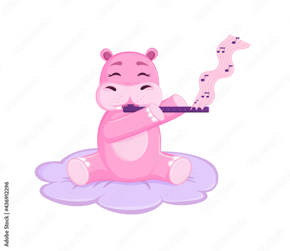 A pink hippopotamus sits on an air cloud and plays a purple flute. Notes. Isolated. Concept. Cartoon style. Toy. Vector illustration A pink hippopotamus sits on an air cloud and plays a purple flute. Notes. Isolated. Concept. Cartoon style. Toy. Vector illustration