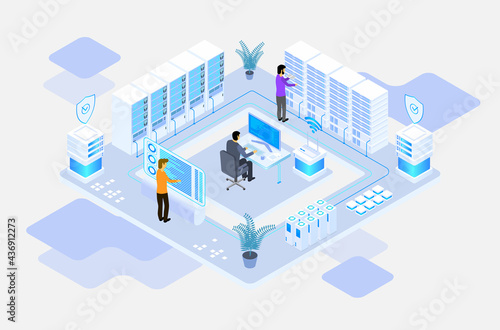 data center or server room processing data operation with security protection and maintenance with isometric design style - vector 