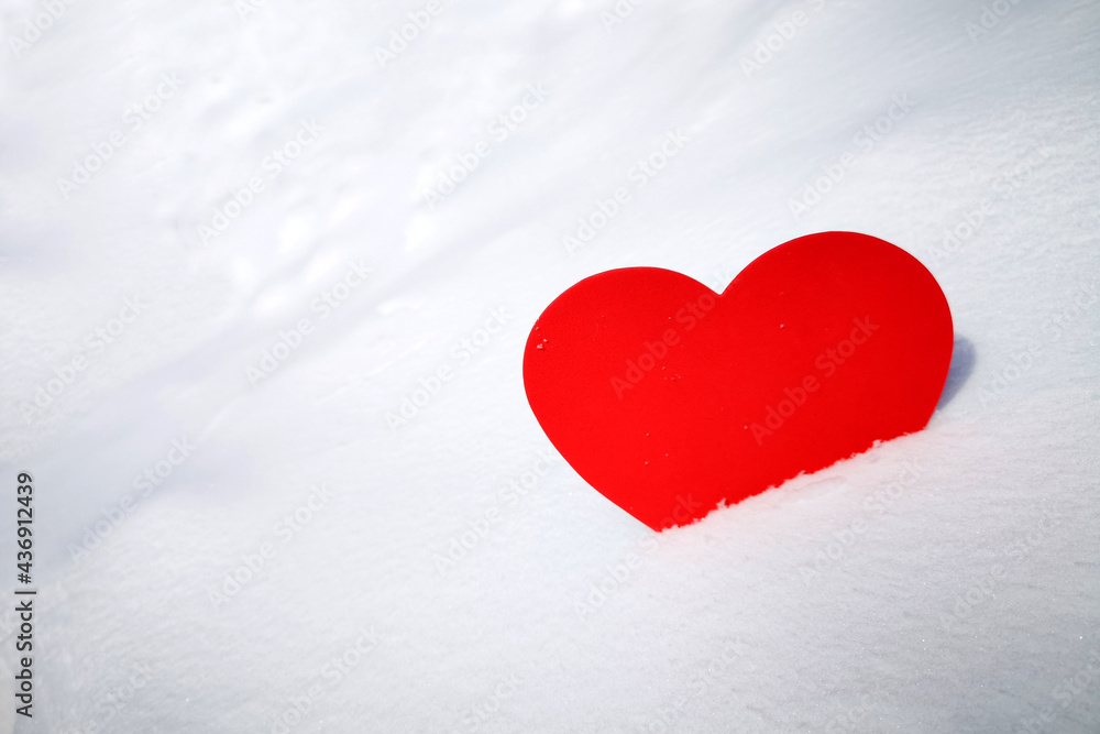 Fototapeta premium Heart made of felt in the snow, in a snowdrift. The symbol of unrequited love or the holiday of lovers. Winter background