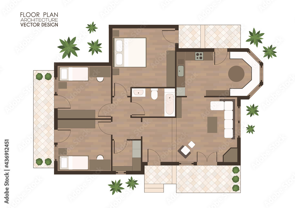 Floor plan of house , wooden floor 3 bedrooms apartment top view vector Floor plan of house , wooden floor 3 bedrooms apartment top view vector