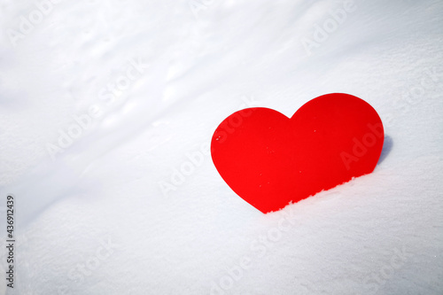 Heart made of felt in the snow, in a snowdrift. The symbol of unrequited love or the holiday of lovers. Winter background
