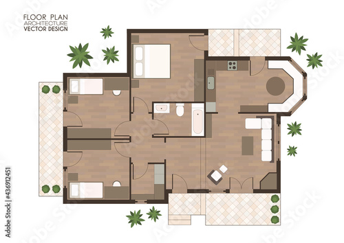 Floor plan of  house , wooden floor 3 bedrooms apartment top view vector