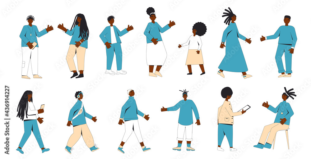 African american teenagers set isolated on a white background. Young female and male character wearing in casual clothes. Boys and girls. Vector line illustration.