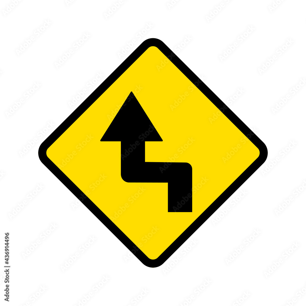 Sharp reverse curve ahead. First to left traffic sign in Thailand. Sharp reverse curve ahead. First to left traffic sign in Thailand.