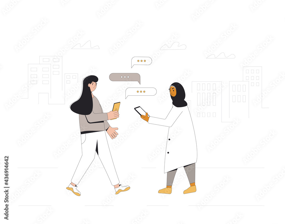 Two teenagers meeting on the street. Young friends standing with phones. Vector color line illustration.
