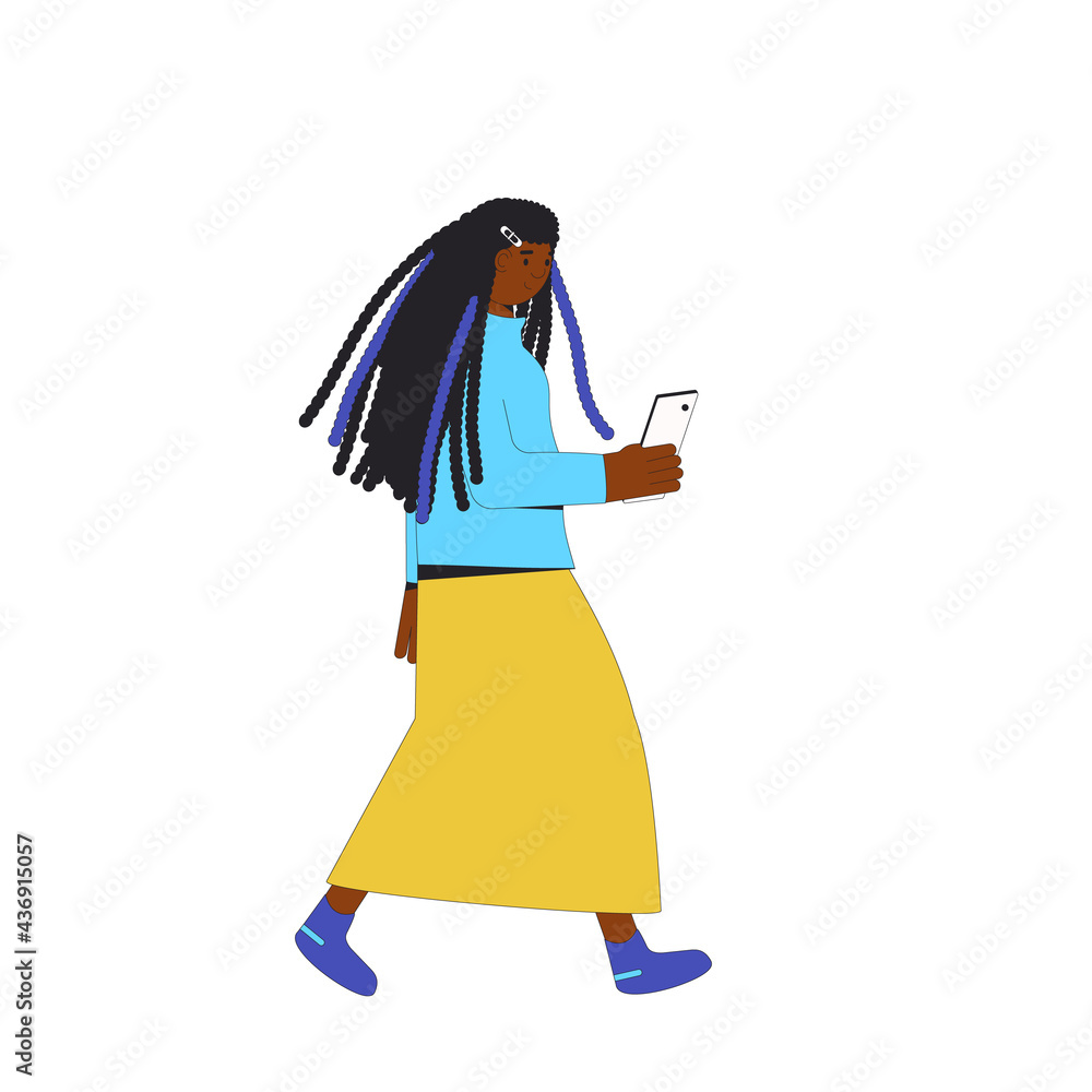 Young african american woman. Female teenager wearing in casual clothes walking with smartphone in her hand isolated on a white background. Vector line illustration.