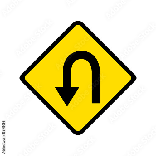 Hairpin curve to left sign vector, yellow background.