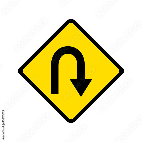 Hairpin curve to right sign vector, yellow background.