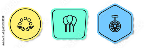 Set line Juggling ball, Balloons with ribbon and Unicycle or one wheel bicycle. Colored shapes. Vector