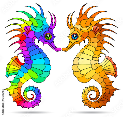 Set of stained glass illustrations with seahorses  animals isolated on a white background