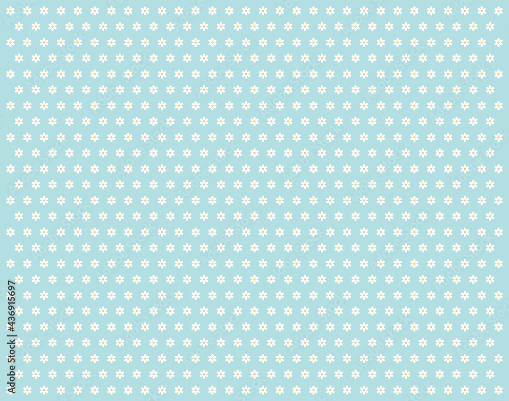 Seamless pattern with camomile flower on blue background, flat design, cute round flower plant nature collection, summer flowers, decoration elements, isolated camomiles, vector illustration
