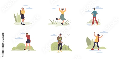 Set of vector cartoon flat characters in sad mood,melancholy,worried,upset - emotions,depression,troubles,social concept