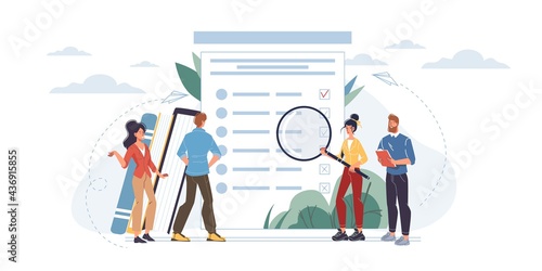 Vector cartoon flat characters passing online survey,test,exam and checking results on screen mobile phone devices,monitors - distance online education and examination concept