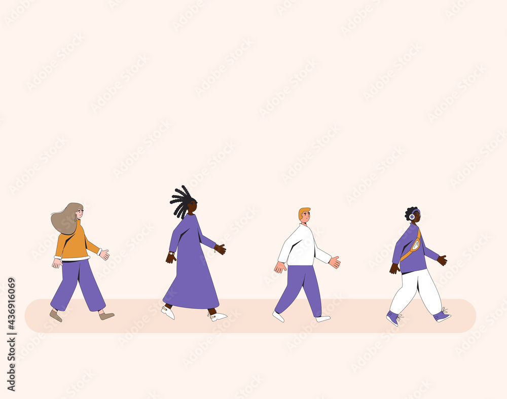 Group of teenagers walking one after another isolated on white background. Young female and male friends wearing in casual clothes marching in step together. Boys and girls Group of teenagers walking one after another isolated on white background. Young female and male friends wearing in casual clothes marching in step together. Boys and girls