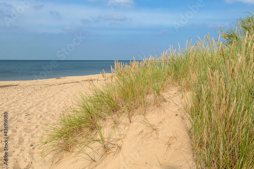 A panoramic view on the sandy beach by Baltic Sea on Sobieszewo island, Poland. The beach is scarcely overgrown with high grass. The sea is gently waving. A bit of overcast. Serenity and calmness