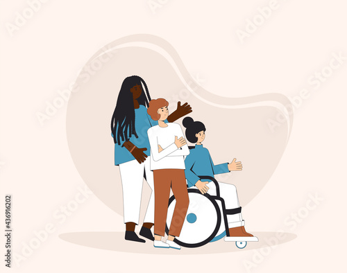Group of diverse teenagers standing together. Young female and male friends wearing in casual clothes. Boy and girls hugging each other. Vector line illustration.