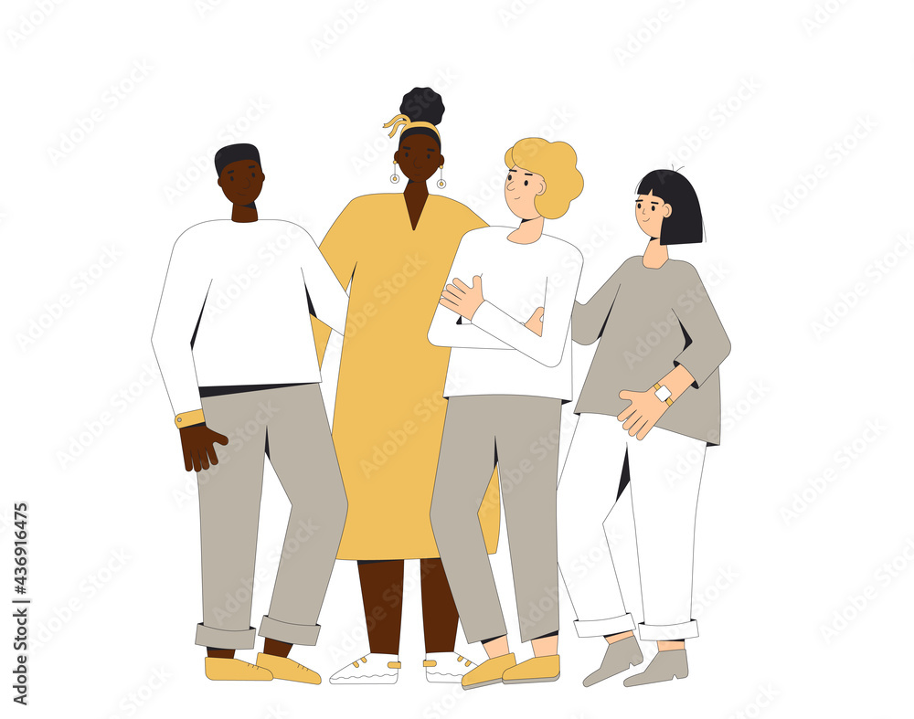 Obraz premium Group of diverse teenagers standing together. Young female and male friends wearing in casual clothes. Boys and girls hugging each other. Vector line illustration.