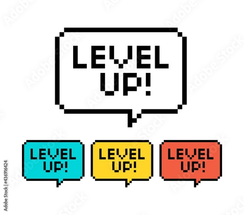 Pixel art 8-bit speech bubble saying level up - isolated vector illustration